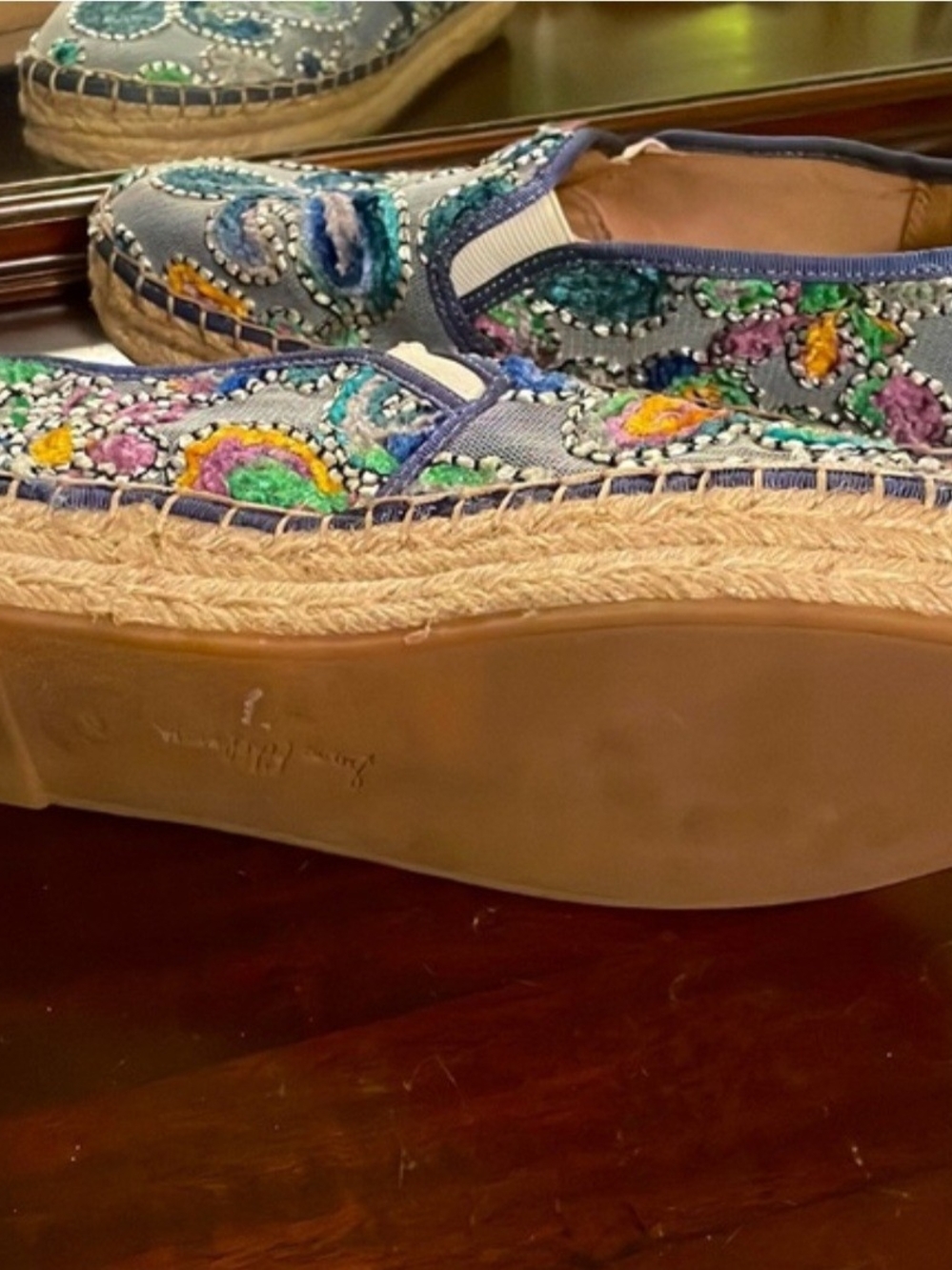 Sam Edelman Denim Espadrille Slip-Ons with Multicolor Embroidery - Picture 2 of 5